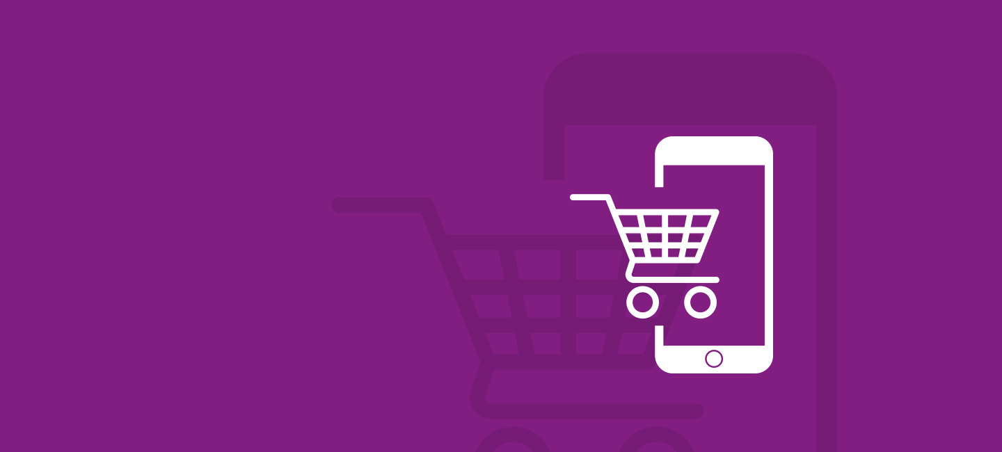 banner com fundo roxo  e desenhado um tlemóvel e um carrinho de compras